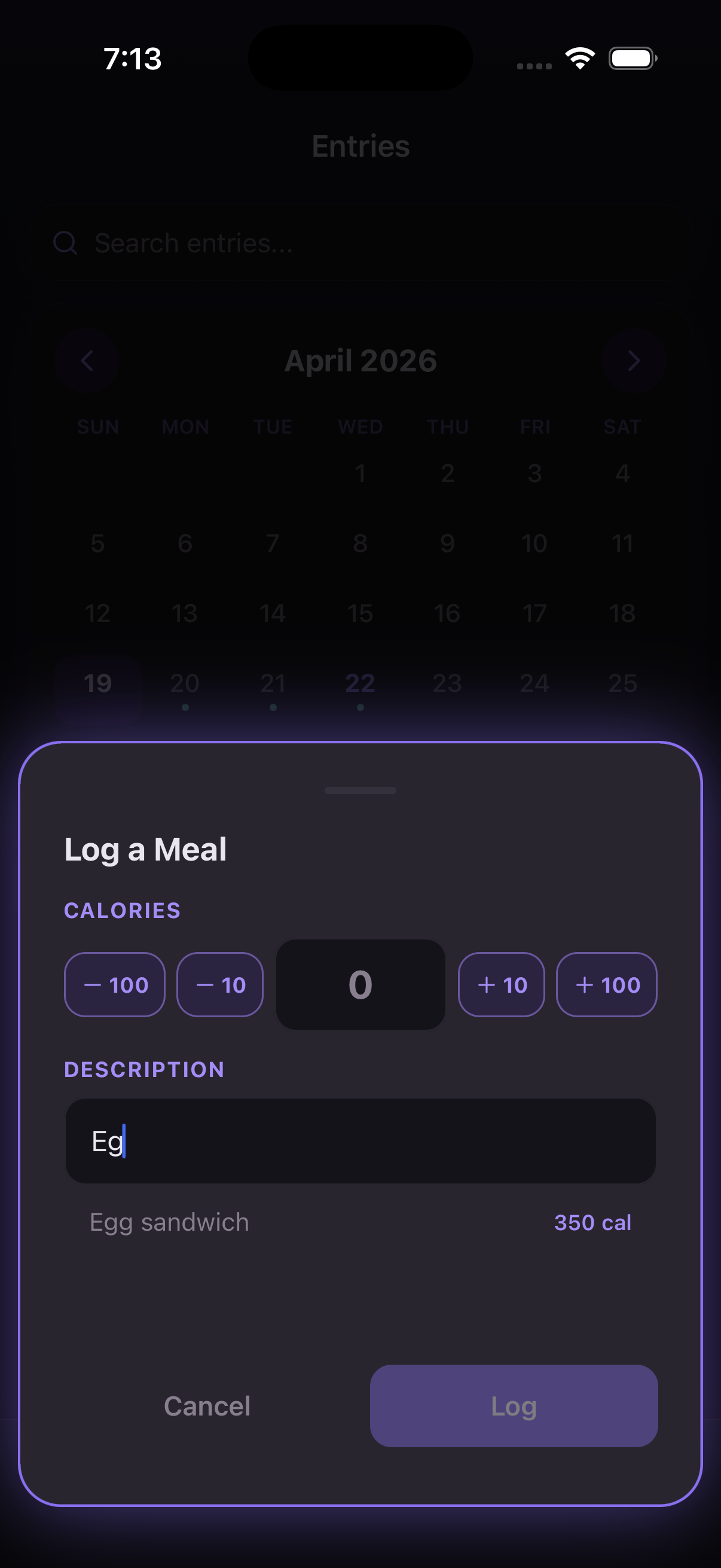 Entries tab with autocomplete showing previous meal